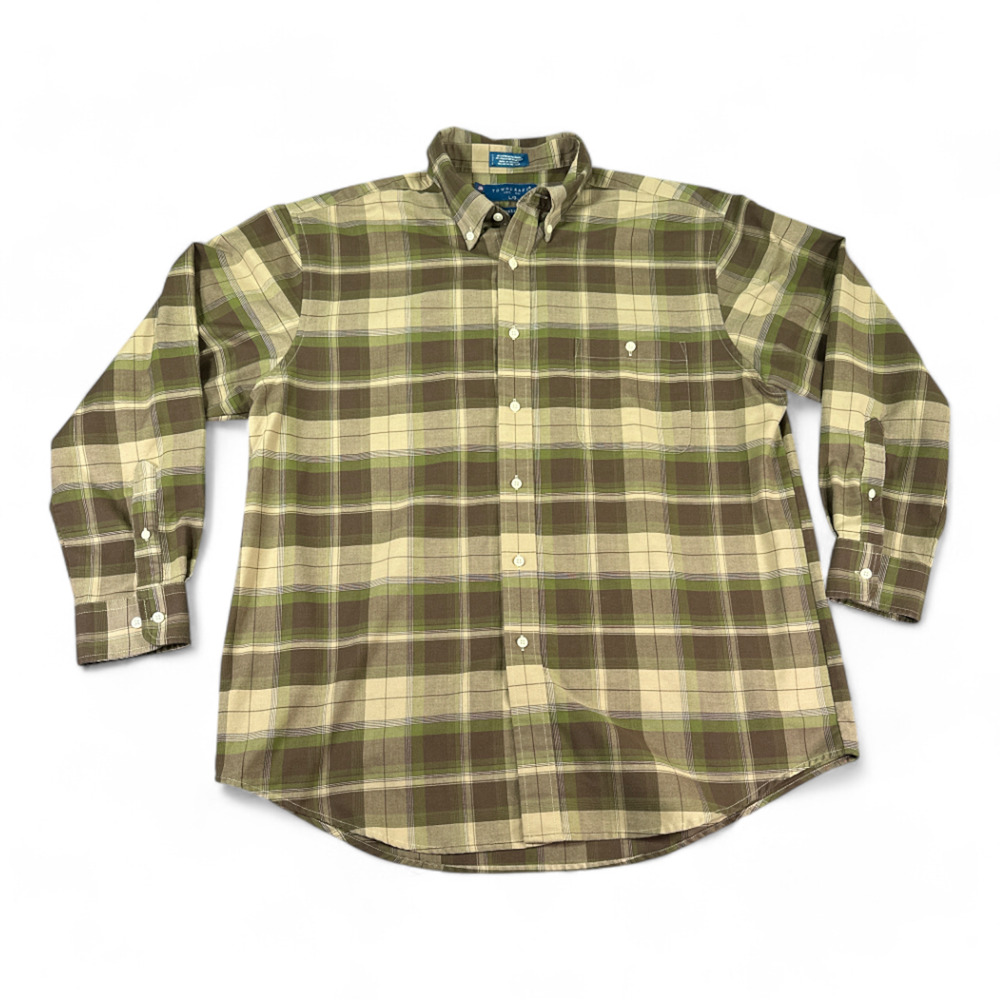Vintage Towncraft Shirt Adult LARGE Brown Green Plaid Military Camo Colors 90s